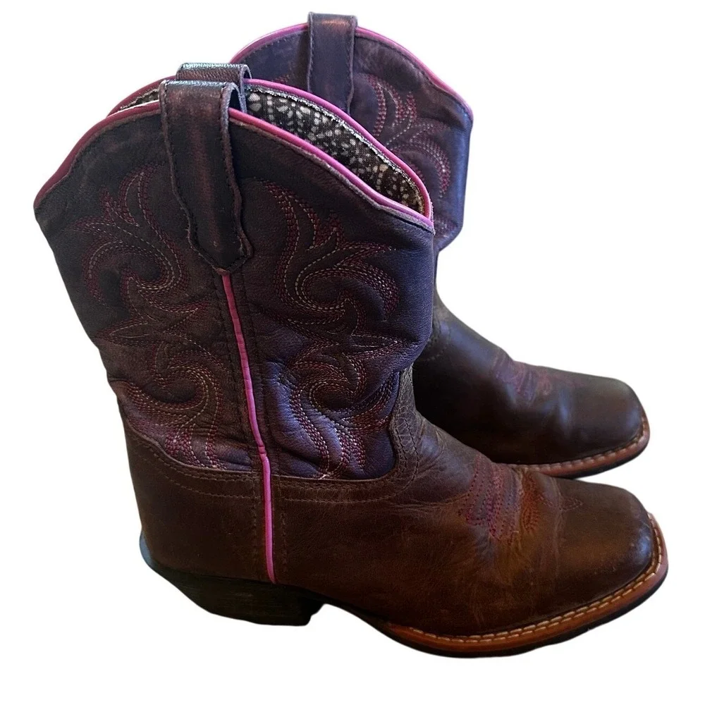 Dan Post Brown Leather Purple Embroidered Western Cowboy Boots Youth 5.5